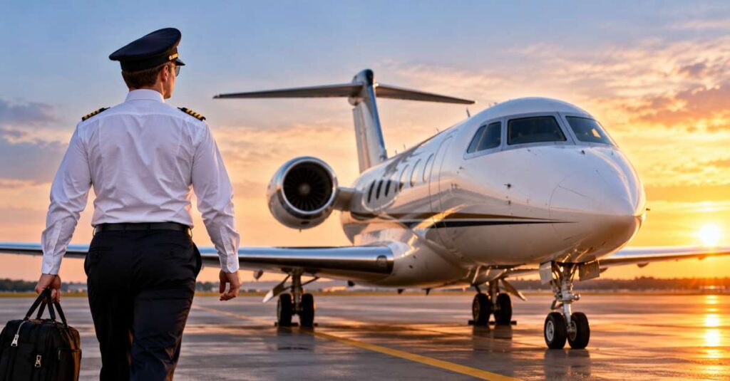 Pilot Approaching a Sunset Business Jet